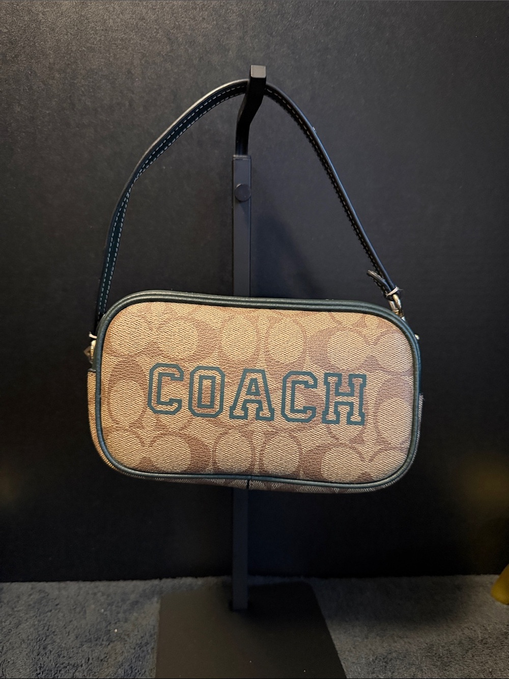 Coach Mini Shoulder Bag in Tan Signature Canvas with Black Trim
